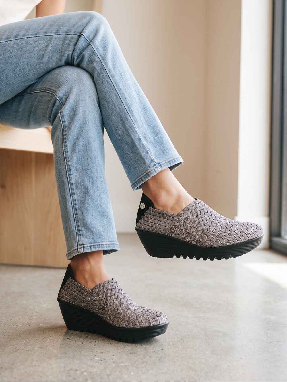 Bernie Mev ‘Gem’ Woven Elastic Slip-On Metallic Pewter Shimmer Wedges EU38 7-7.5